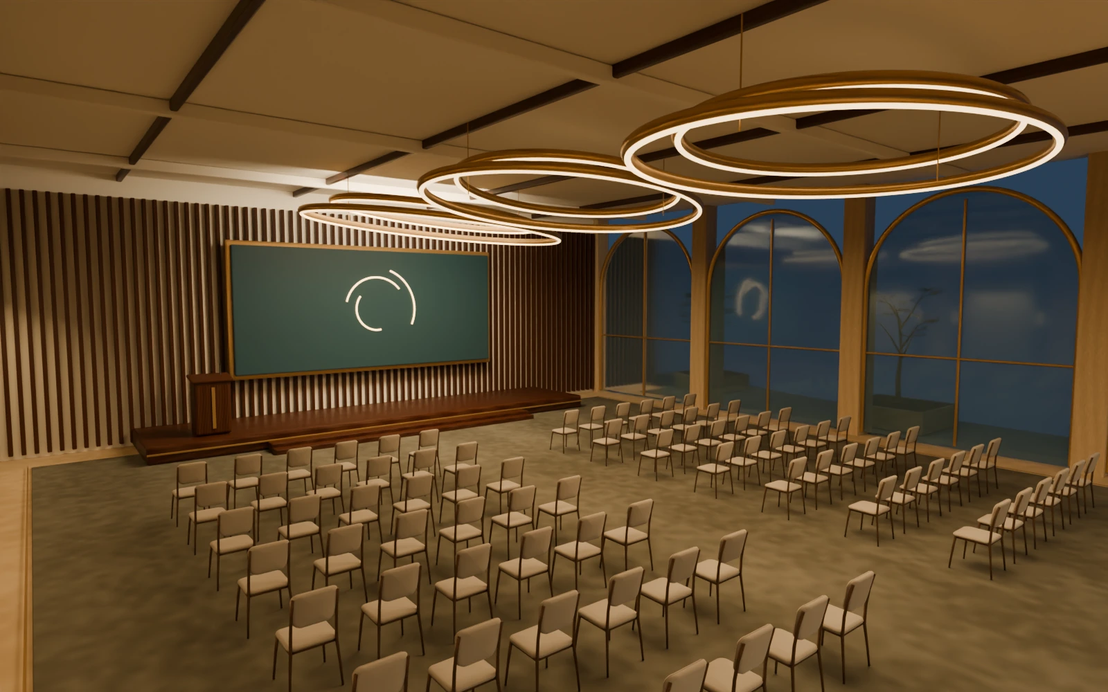 Aurelia Hall in a conference seating arrangement facing the stage