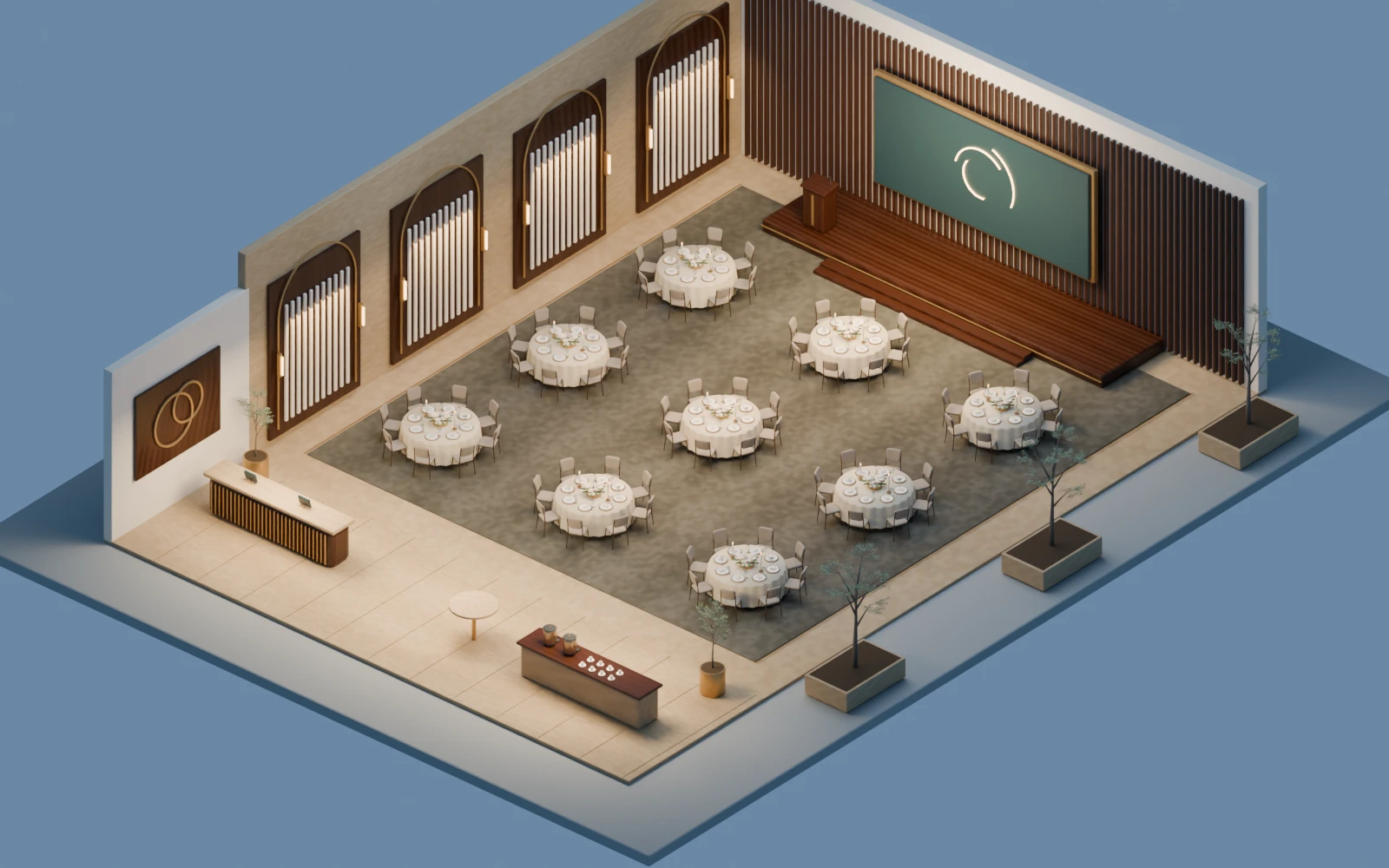 Architectural cutaway of Aurelia Hall showing the ballroom, foyer and connected spaces