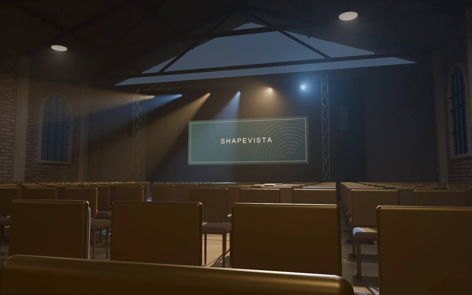 Audience-level view towards the Foundry Hall stage and presentation area