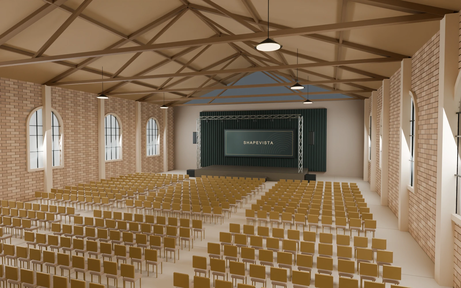 The same Foundry Hall camera view with conference seating facing the stage