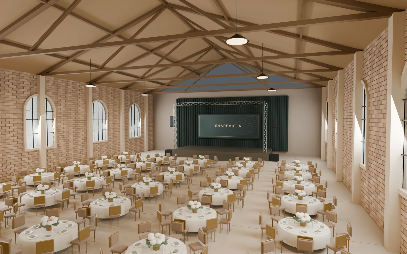 The same Foundry Hall camera view with round tables for a gala banquet