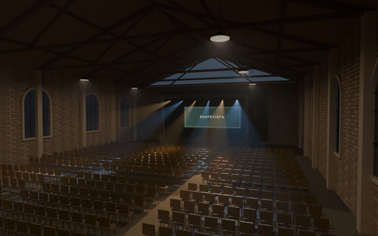 The same Foundry Hall conference setup and camera with show lighting
