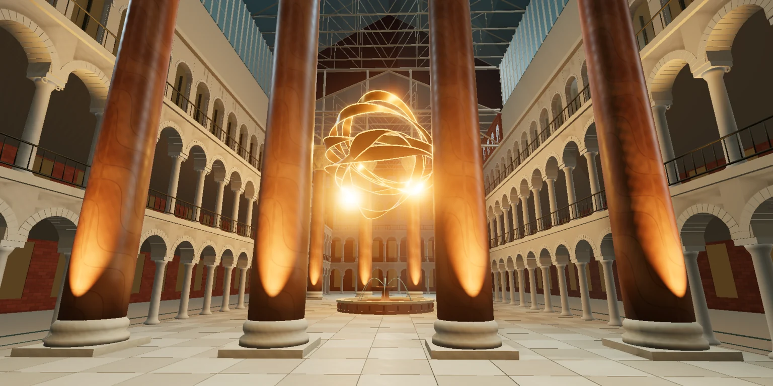 Great Hall model with suspended luminous ribbons among its monumental columns