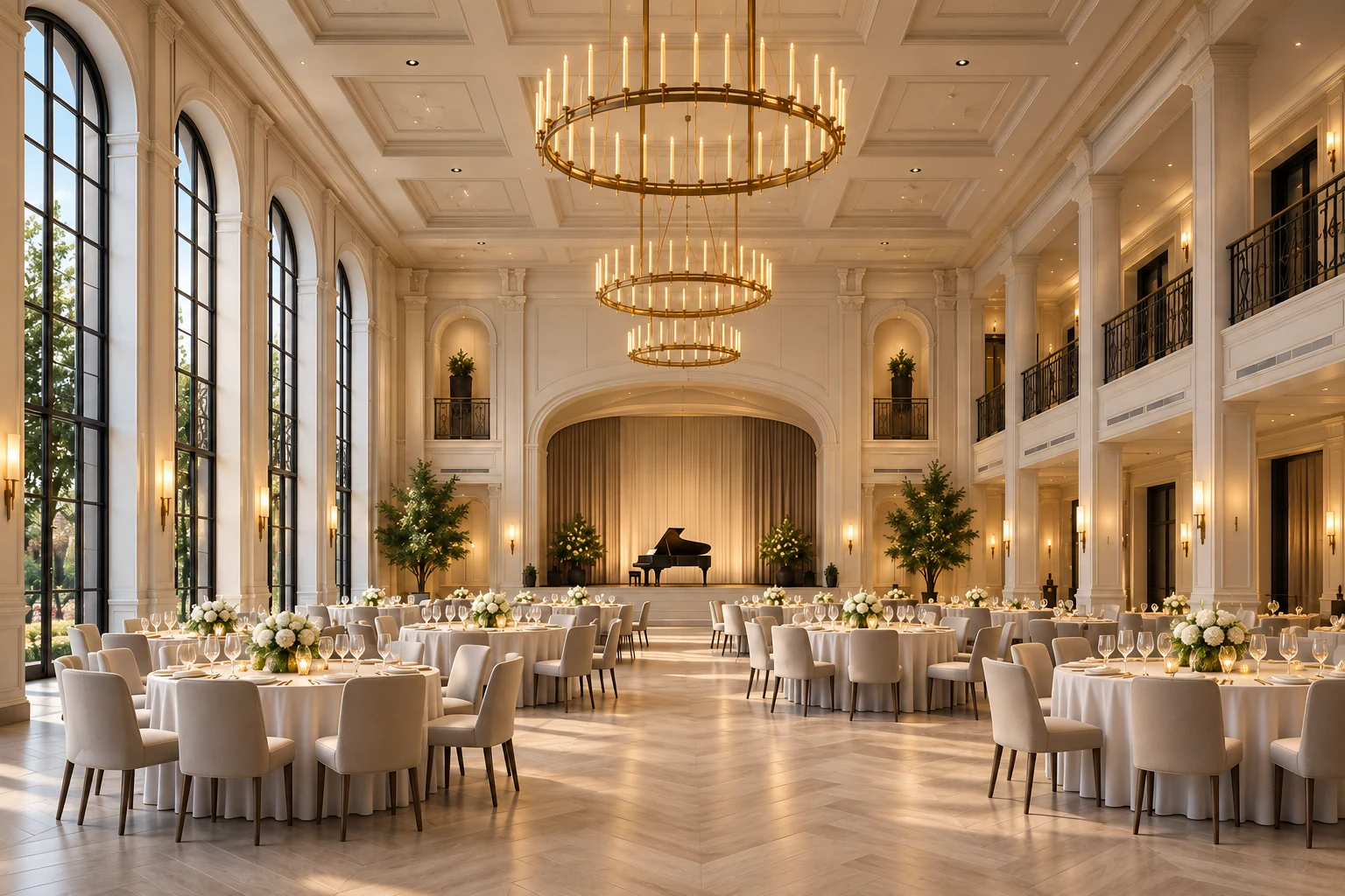 Venue visual study showing a grand hall arranged for a gala dinner